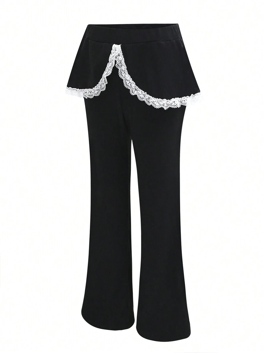 Quần legging dài loe ren hoa thời trang trơn màu đen cho bé gái tuổi teen - màu đen - Xem 1