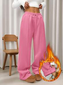 SHEIN EZwear 女士纯色前系带口袋简约休闲长裤，日常穿着 - 粉色 - 查看 7