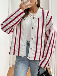 SHEIN Frenchy Women Button Down Collar Long Sleeve Striped Cardigan, Casual Everyday Wear,Red Christmas ,Christmas Clothes,Christmas Top,Festival Clothes