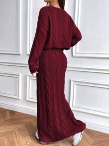 Chiquease Setelan Sweater Rajut Tebal Leher Bulat Ukuran Besar + Rok Maxi Model A-Line untuk Musim Gugur dan Musim Dingin untuk Wanita - Burgundy - View 2