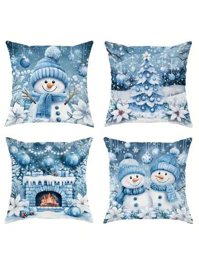 4 Packs Contemporary Polyester Throw Pillow Covers Blue Winter Christmas Theme With Snowman, Tree, And Fireplace Designs - Machine Washable Decorative Cushion Cases With Zipper For Living Room And Bedroom - Inserts Not Included