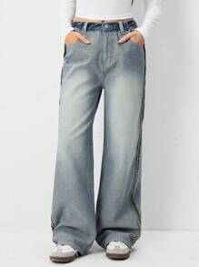 SHEIN Teen Girl Medium Washed Blue Fashion Personalized Casual Wide Leg Jeans