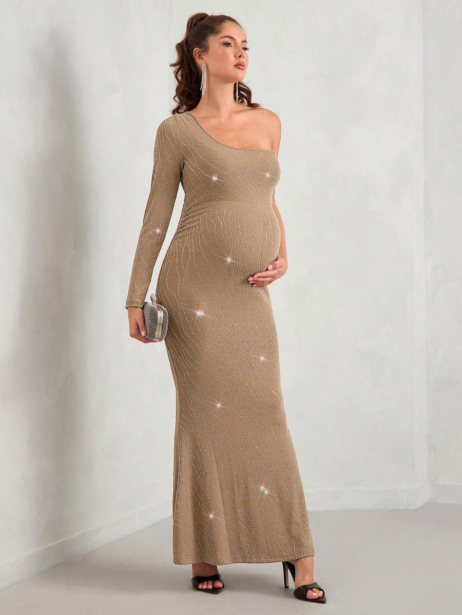 MaterniChic Vestido longo de manga comprida para maternidade, sexy, texturizado, estilo sereia, comprimento até o chão, adequado para casamentos, jantares formais e festas - Dourado - Visão 1