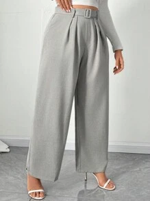 Franclia 大码休闲和工作纯色褶皱直筒裤 - 灰色 - 查看 3