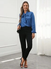 SHEIN LUNE Women's Casual Long Sleeve Shirt With Large Bow - Blue - View 3