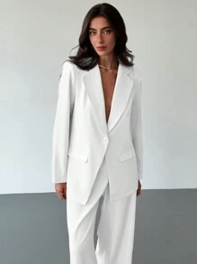 Aloruh New Elegant Commuter Suit Set With Silhouette Design, Long Suit Jacket, Winter, Business Casual, Elegant, White , Wide Leg,Baggy