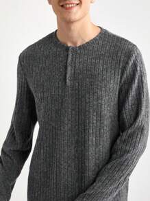 男士前扣长袖休闲上衣和长裤蓬松家居服套装，秋冬服装，舒适保暖 - 深灰色 - 查看 6