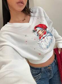 Chiquease 圣诞老人图案宽松短款V领时尚休闲女式卫衣，适合秋冬季套头衫 - 白色 - 查看 4