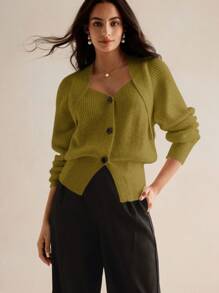 Anewsta 女士纯色简约都市时尚特殊肩部设计针织开衫，适合秋季、冬季、外出、优雅、休闲、正式、派对、时尚、新年、圣诞节、工作、毕业、婚礼 - 黃色 - 查看 4