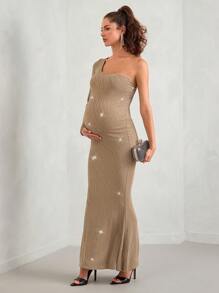 MaterniChic Vestido longo de manga comprida para maternidade, sexy, texturizado, estilo sereia, comprimento até o chão, adequado para casamentos, jantares formais e festas - Dourado - Visão 5