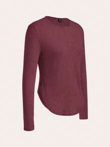 SHEIN Essnce 女款宽松圆弧下摆长袖 T 恤，休闲风格 - 酒紅色 - 查看 3