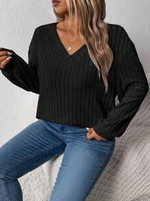Plus Size Women Wide Ribbed V-Neck Casual Loose Pullover Sweatshirt, Suitable For Autumn/Winter Graduation,Back To School Outfits,Graduation,Teacher Outfits For Women,Back To School