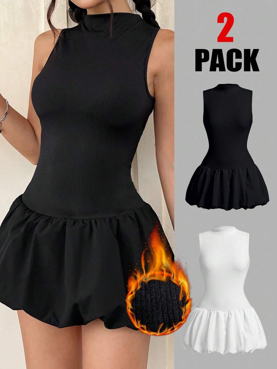 SHEIN EZwear 2pcs Women Plain Color Sleeveless Bubble Mini Dress Set ...