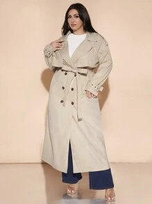SHEIN BAE Plus Size Women's Autumn And Winter Long-Sleeved Long Lapel Solid Color Double-Breasted Trench Coat (With Belt) Elegant And Versatile Fashion Date Out