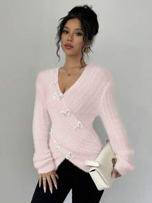 Chiquease Áo len dệt kim cổ chữ V cho nữ, thiết kế ngắn bất đối xứng tinh tế với họa tiết bướm 3D, thời trang, thu/đông - Màu Hồng baby - Xem 3