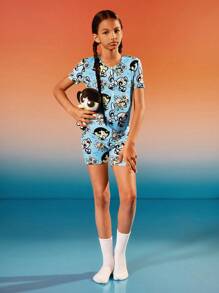 THE POWERPUFF GIRLS X SHEIN Tween Girl Cartoon Character Heart Random Print Button Front Homewear Pajama Romper - Blue - View 11