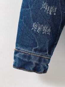 SHEIN 小男孩洗水蓝牛仔领长袖夹克，带设计细节 - 中等水洗藍 - 查看 7