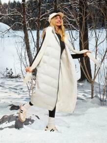 SHEIN EZwear White Woven Sleeveless Long Coat For Women, Cold Protection - White - View 1