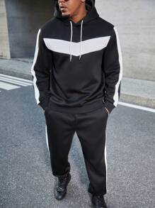 Manfinity Homme 2pcs Men Plus Size Casual Color Block Drawstring Hooded Sweatshirt And Sweatpants Set