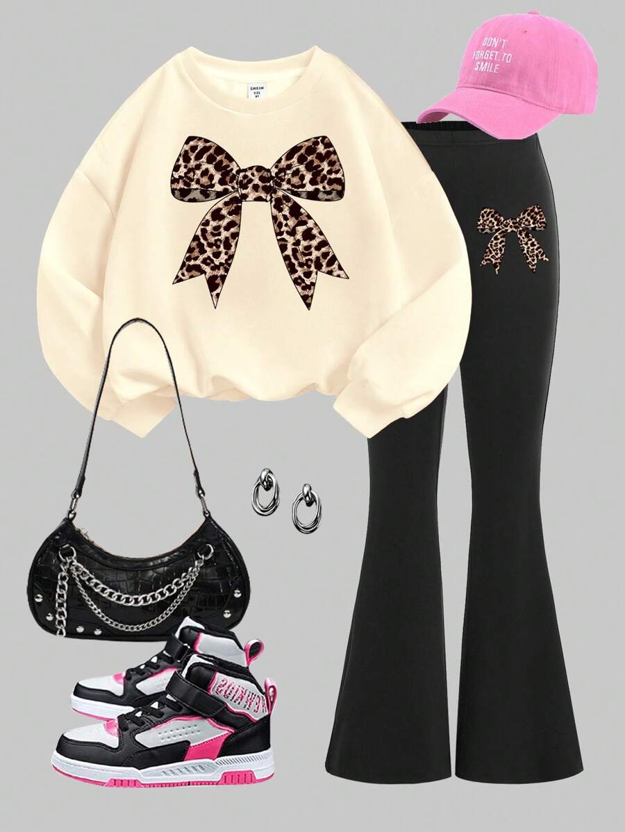 SHEIN Leap Crew 2pcs/Set Tween Girl Knitted Round Neck Letter Pattern Loose Sweatshirt And Flared Pants Casual Set