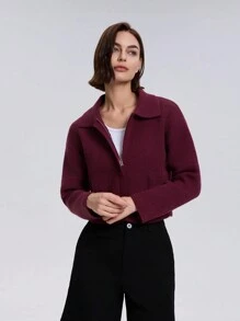 Women's Solid Color Front Zip Long Sleeve Minimalist Casual Knit Cardigan Jacket - Burgundy - View 1