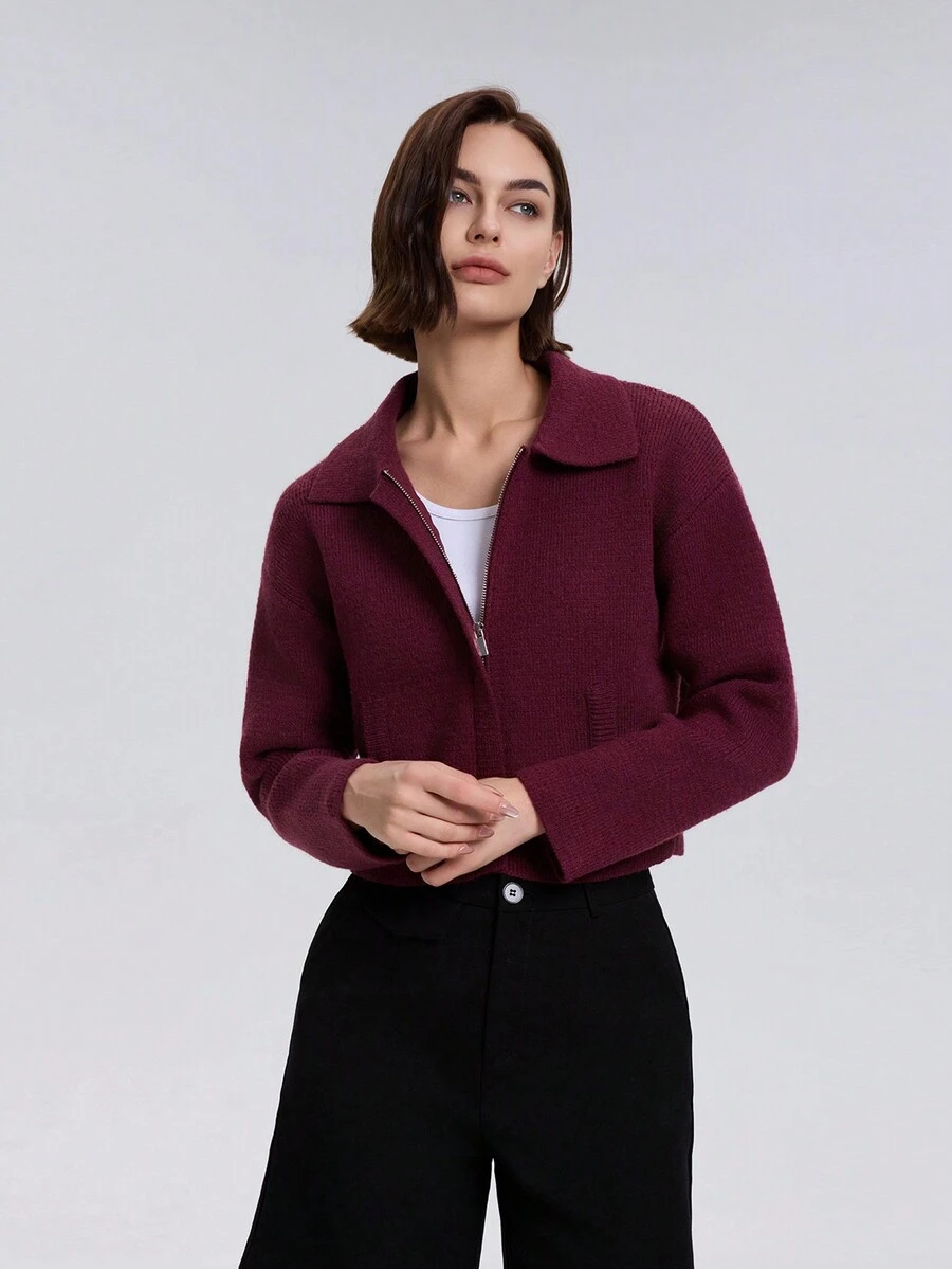Women's Solid Color Front Zip Long Sleeve Minimalist Casual Knit Cardigan Jacket - Burgundy - View 1