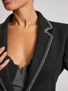 Hauture Chaqueta casual de otoño con bloque de color, cuello recortado y cintura acanalada - Negro - Ver 3