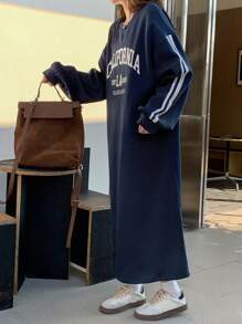 DAZY Women's Solid Color Fleece Casual Loose Long Sleeve Printed Mid-Length Dress Fall,Winter