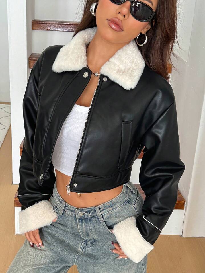 SHEIN ファー付き ショート丈ジャケット ショート丈ファージャケット[ze817] | レディースファッション
