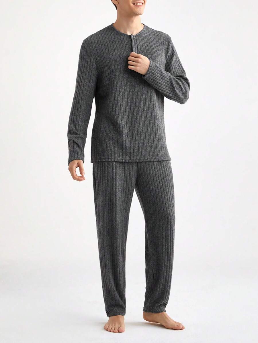 男士前扣长袖休闲上衣和长裤蓬松家居服套装，秋冬服装，舒适保暖 - 深灰色 - 查看 1