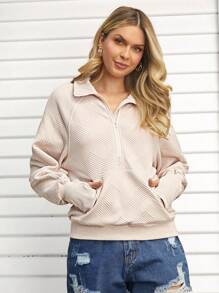 SHEIN LUNE Women's Comfort Polo Collar Metal Zipper Half-Placket Pocket Texture Casual Athletic Home Warm Pullover Sweatshirt For Fall Winter - Apricot - View 1