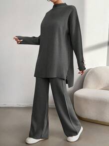 EURMUSE 2 件套女士休闲纯色针织毛衣和长裤套装，秋冬 - 灰色 - 查看 3