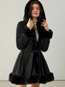 Anewsta Women's Thick Fluffy Trim Fluffy Fuzzy Banded Waist Jacket - Black - View 6