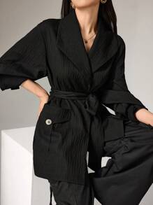 Heiryn Women's Solid Color Front Tie Long Sleeve Pocket Casual Jacket - Black - View 4