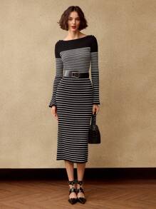 MOTF PREMIUM STRIPED PATTERN FLARE SLEEVE SLIM FIT SWEATER DRESS WITHOUT BELT - Black and White - View 2