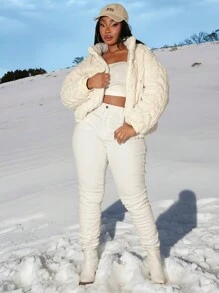 SHEIN SXY Plus Size Women Stand Collar Hooded Cable Knit Plush Patchwork Quilted Padded Coat, Suitable For Fall & Winter, Date Night, Birthday, Bachelorette Party, Casual, Shopping, Streetwear, Going Out, Easy To Match & Looks Slim, Accent Your Body, Flatter The Figure - Beige - View 2