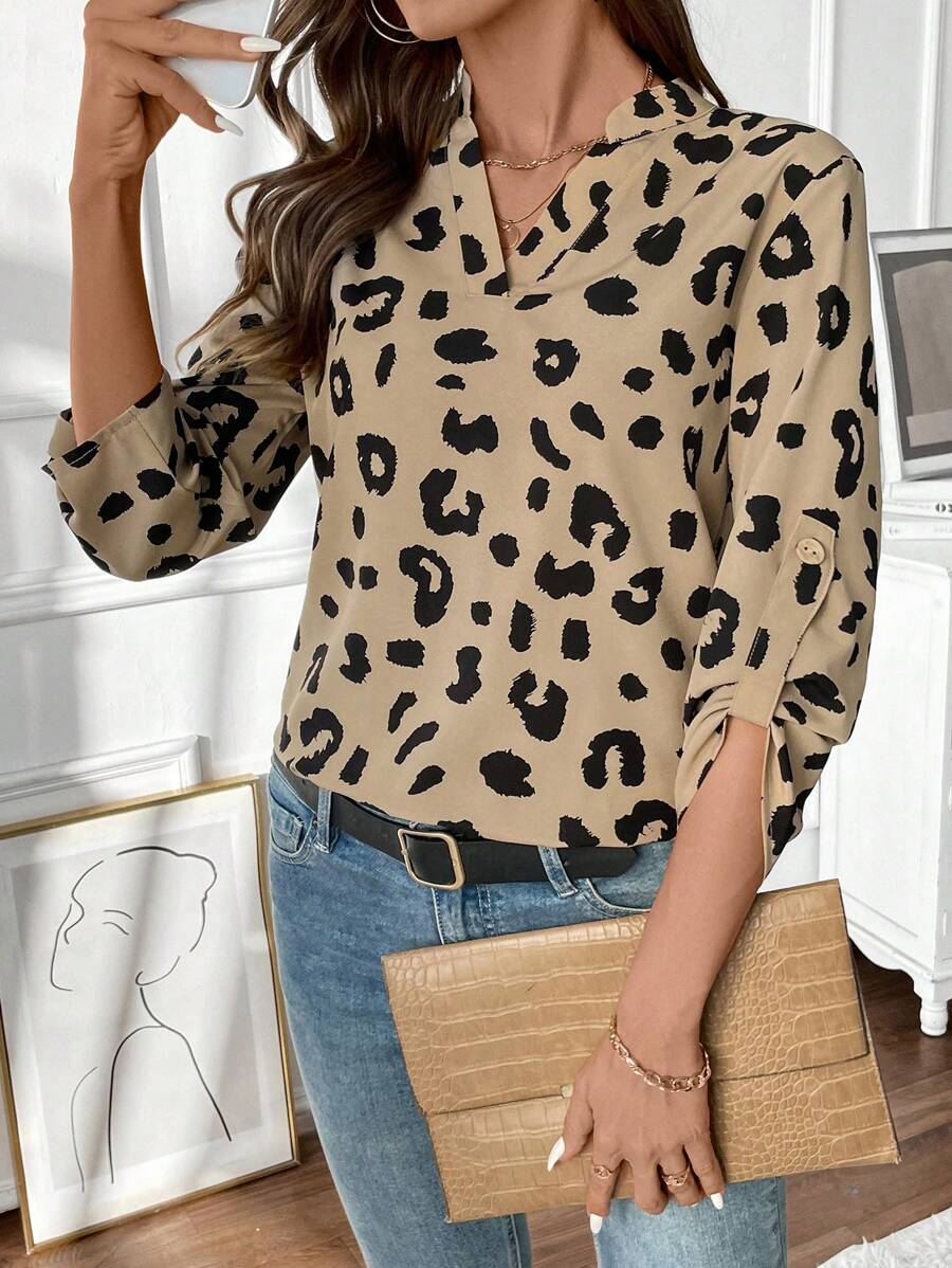 SHEIN Unity 女士豹纹 V 领长袖衬衫,适合日常休闲穿着 - 彩色 - 查看 1