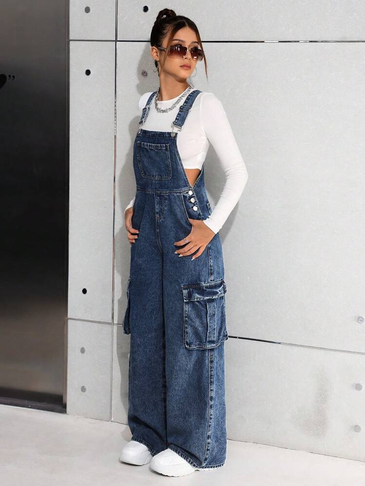 SHEIN Tutina casual in jeans lavato blu per ragazze adolescenti, abiti per ragazze da autunno e inverno, outfit in jeans di stile cool da strada - Blu lavato scuro - Visualizzare 3