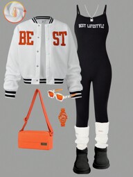 SHEIN Explorewe 2 Peças/Conjunto Jaqueta de Beisebol e Macacão Casual com Bordado de Letra para Meninas Tween, Adequado para Outono/Inverno