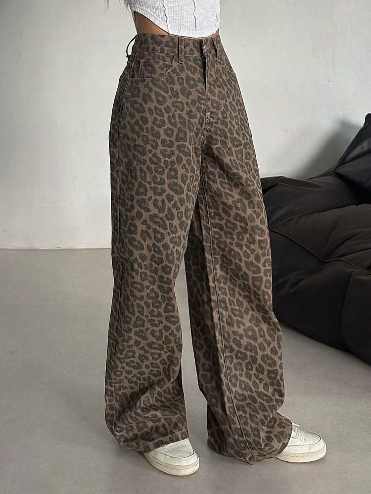Women's Leopard Print Loose Pocket Casual Versatile Denim Jeans Y2k