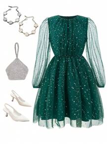 1 件青少年女孩网眼细节长袖节日连衣裙，适合圣诞节