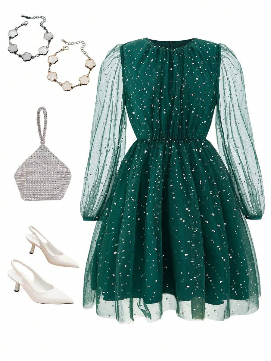 1 件青少年女孩网眼细节长袖节日连衣裙，适合圣诞节