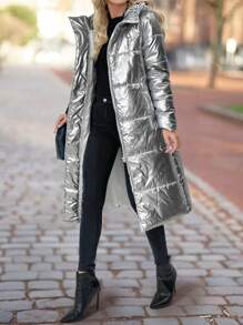 SHEIN Clasi 金属光泽面料连帽中长款加厚棉服冬季保暖外套 - 銀色 - 查看 4