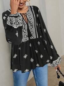 EMERY ROSE Women All-Over Print Casual Vacation Long Sleeve Blouse Peplum Top Fall Cloth For Women - Black - View 5