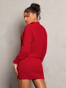 Glamine 2pcs Set: Batwing Sleeve Loose & Mini Fitted Stand Collar Dress