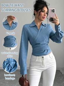 Elenzga Blusa larga de manga larga con nudo elegante para mujer, adecuada para ir al trabajo, otoño/invierno