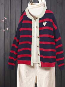 Chiquease 全新撞色心形与条纹图案宽松针织女开衫 - 藏蓝色 - 查看 1