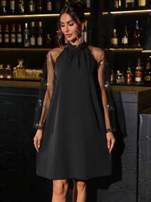 SHEIN Clasi 女士纯色网眼撞色立领长袖短款休闲连衣裙 - 黑色 - 查看 3