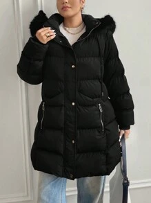 Calvaya Abrigo acolchado con cremallera, capucha y cuello esponjoso de unicolor en talla grande para ropa de invierno - Negro - Ver 3