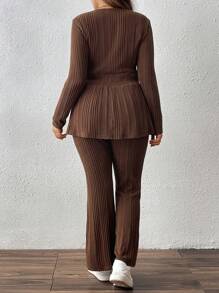 SHEIN LUNE 2pcs/Set Women Plus Size Striped Knit Drawstring Shirred Top & Relaxed Pants, Elegant Autumn/Winter Outfit